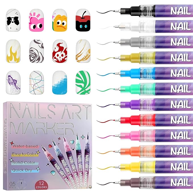 SUTROMA 12 Colors Nail Art Pens Kit, Waterproof and Quick Dry Nail Art Markers, Nail Polish Pens, DIY Art Nail Decorations
