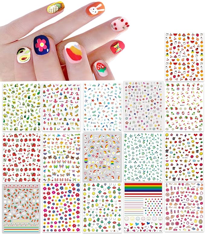 New 16 Large Sheets Nail Stickers for Women Kids Teens Little Girls Self Adhesive Nail Decals for Nail Art Decoration Include Flowers Butterfly Plants Leaves Fruits Rainbow Animals and More