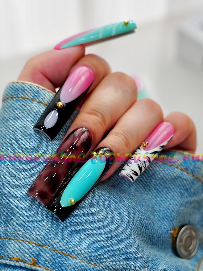 10PCS Multicolor Press On Nails – Long Coffin Fake Nails with Zebra Print, Leopard Pattern, Abstract Swirls & Stud Accents, Glossy Reusable Y2K Nails for Women and Girls – Euphrosyne