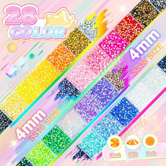 28 Color 4mm Jelly Resin Rhinestones w B7000 Glue for Bedazzling Crafting Flatback Stones Colorful AB Gems Diamonds Bedaazler Kit Charms for Nails Eyes Face Makeup Tumblers Bottles Crafts Shoes