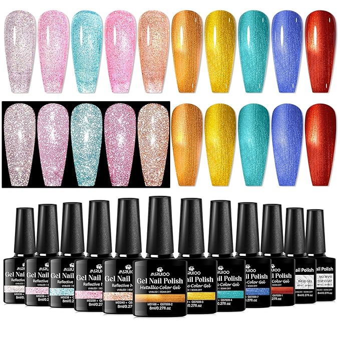 12Pcs Reflective Glitter Gel Nail Polish + Metallic Gel Nail Polish Set Gel Nail Art Manicure Kit 10 Colors
