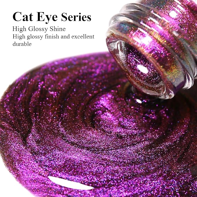 Imtiti 9D Cat Eye Gel Nail Polish, 15ML Purple Chameleon Holographic Glitter Cat Eye Gel Polish with Magnet UV LED Magnetic Gel Nail Polish Sparkly Home DIY Manicure Nail Salon Kit