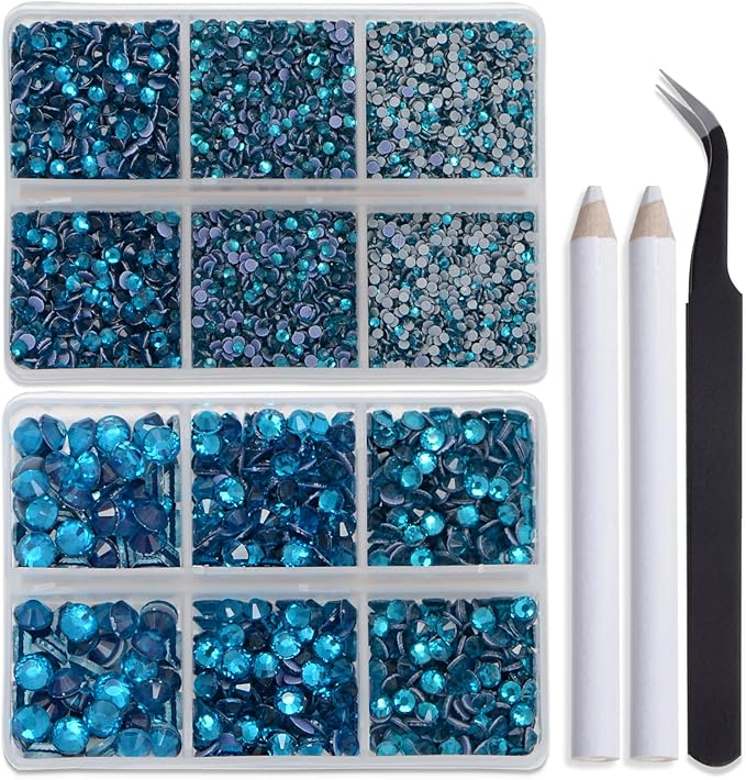 Bymitel Hotfix Crystal Rhinestones Round Gems for Crafts,Mixed 6 Sizes with Wax Pencil Kit, Blue Zircon 1.6-6.3mm SS4-SS30/8000pcs