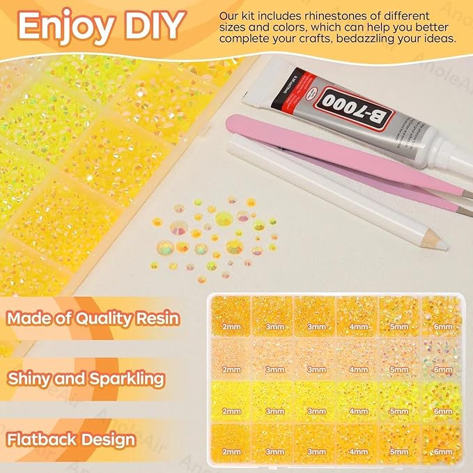 26000PCS Yellow Resin Flatback Rhinestones for Crafting, Resin Rhinestones for Bedazzling Kit, 2/3/4/5/6mm Flatback Gems Jewels for DIY Mugs Tumblers Clothing Shoes Nail Art