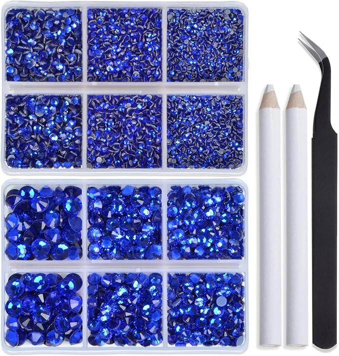 Bymitel Hotfix Crystal Rhinestones Round Gems for Crafts,Mixed 6 Sizes with Wax Pencil Kit, Sapphire 1.6-6.3mm SS4-SS30/8000pcs