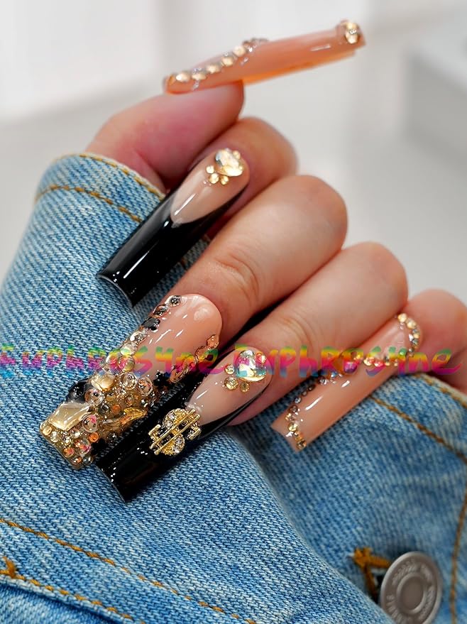 10PCS Black and Orange Press On Nails – Long Coffin Fake Nails with Rhinestones, Gold Stud Strips & Glitter Chains, Glossy Reusable Luxury Nails for Women and Girls – Euphrosyne