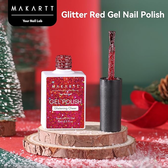 Makartt Christmas Red Glitter Gel Nail Polish - 15ml Sparkle Shimmer Soak Off UV Gel for Nail Art, Winter Manicure, New Year Shades, DIY Salon Gift for Women