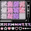 600 Pcs 3D Nail Charms and Flatback Pearls #9, 3 Colors Bow + Pink&White Star Heart Cute Charms + 2-6mm White Pearls for Nail Art Design with Nail Charm Glue(UV Needed) and Pickup Tools