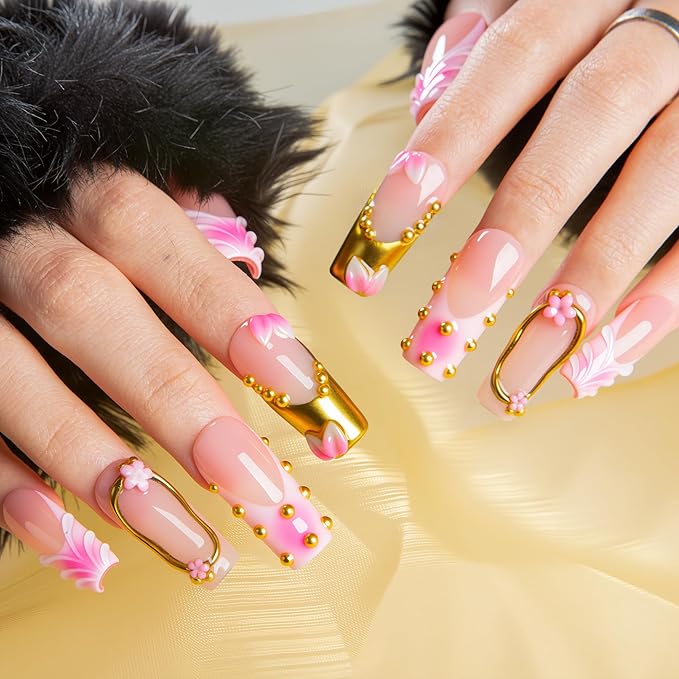 LOVFUL Short French Tip Press on Nails Rosy Charm | Handmade Acrylic Press ons| Reusable Fake False Nails | Square Classic Regular 1.3in | H692-M