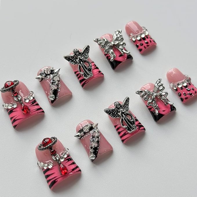 Luxury Press on Nails Short Duck Handmade 3D Unique Reusable ABS Material Fake Nails Pink French Tip False Nails with Designs Butterfly Rhinestones Rivet Glossy Glue on Nail Thick Acrylic Nail(M)
