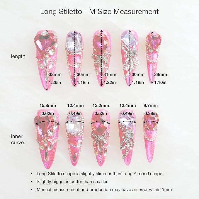 [GLORS] Luxury Press-On Nails, Pink Glitter False Nails with Rhinestones and Pearl Chain in Long Stiletto, 10 Pieces (M, LS)