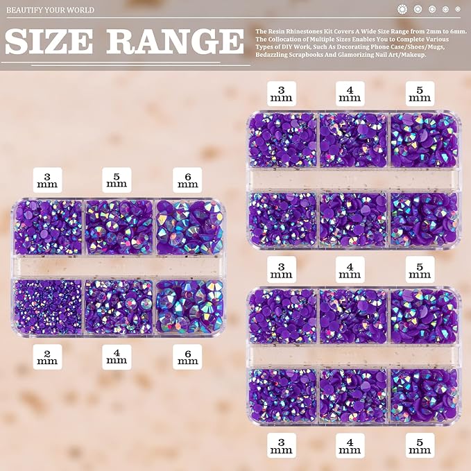 Resin Rhinestones Crafting, 2/3/4/5/6mm Flatback Jelly Rhinestones, 3 Box Dark Purple AB Non Hotfix Crystal Gems for Bedazzling Crafts Mugs Tumblers Clothes Makeup Nail