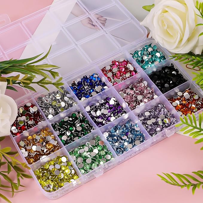 15000Pcs Flatback Rhinestones for Crafts, 5mm Mixed Color Crystals Rhinestone, Resin Flatback Glitter Gems Nail Diamonds Rhinestones for Clothes Accessories DIY