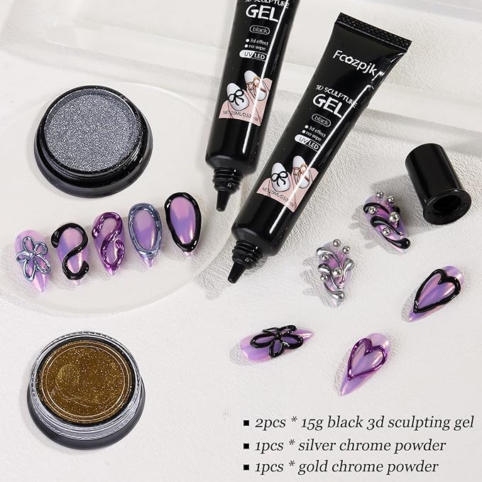 Black 3D Gel for Nails, 2PCS 15ML Black Nail Polish No Wipe 3D Chrome Effect Gel Sculpting Gels with Gold Silver Chrome Powder Carving Modeling Painting Embossed Design Manicure Salon Supplies