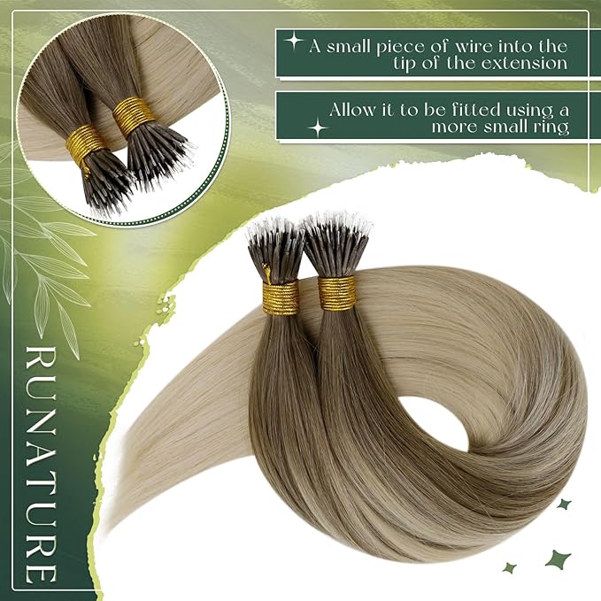RUNATURE Nano Bead Human Hair Extensions, Ombre Balayage Brown to Blonde, Nano Hair Extensions Real Human Hair for Women, soft, Tangle-free, 22 Inch 50s/50g #BA8/60