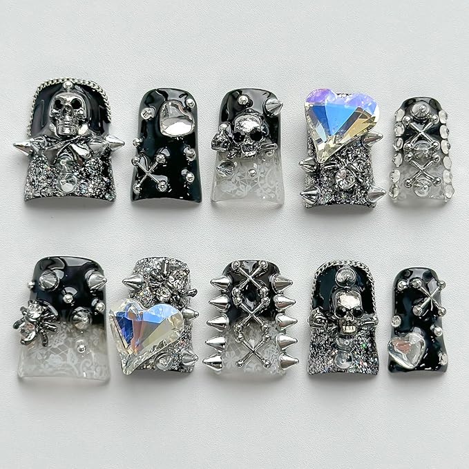 Halloween Luxury Press on Nails Short Duck Handmade 3D Unique Reusable ABS Material Fake Nails Black False Nails with Designs Rhinestones Spider Skull Glossy Glue on Nail Thick Acrylic Nail(M)