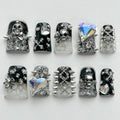 Halloween Luxury Press on Nails Short Duck Handmade 3D Unique Reusable ABS Material Fake Nails Black False Nails with Designs Rhinestones Spider Skull Glossy Glue on Nail Thick Acrylic Nail(S)