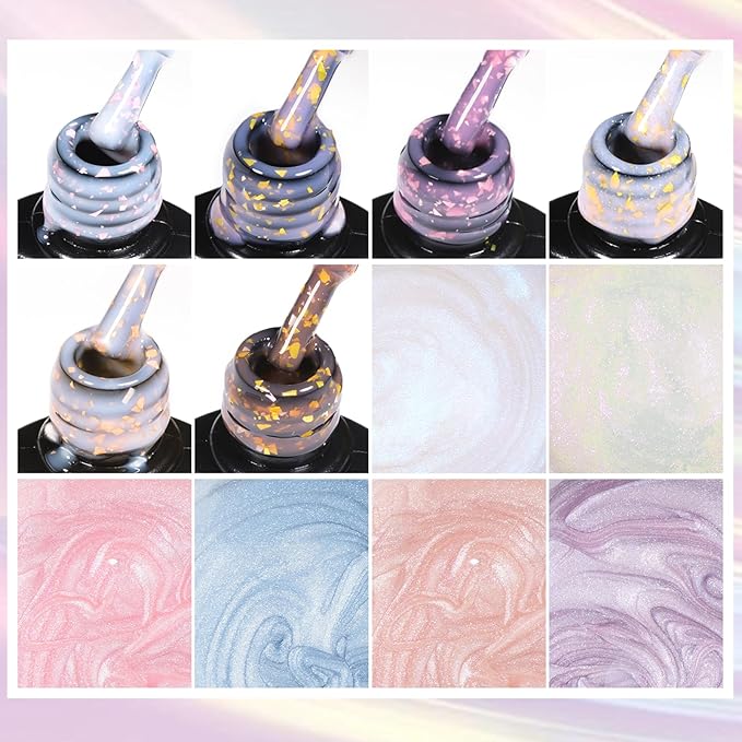 12Pcs Rubber Base Gel Polish, Builder Gel Nail Polish Gold Foil Pink Structure Quick Extension Gel + Pearl Gel Nail Polish Pink Blue Purple Swirl Shell Thread Effect Manicure Kit