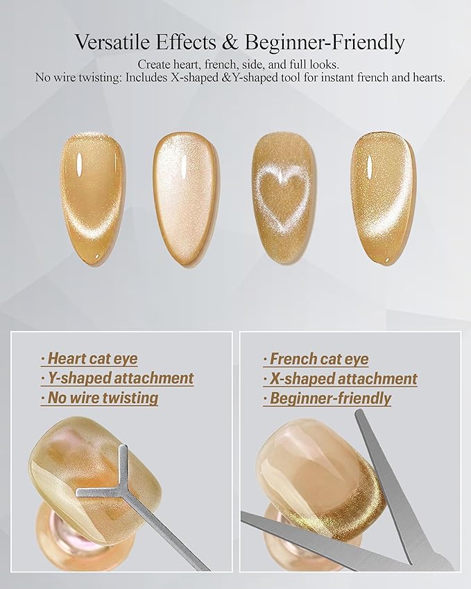 4-Piece Cat Eye Magnet Set with Case – Heart-Shaped & French-Shaped Magnets for Nail Art, Cat Eye Magnet Art Tool, 3-in-1 Magnetic Pen for Salon Professionals & Home DIY, Gold