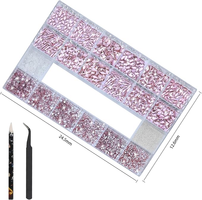 Nail Charms and Gems - 5000 Pcs, 20 Types, 20 Sizes, with Kit, Nail Rhinestones, Faux Pearls, Beads, for Nail Art (Pink)