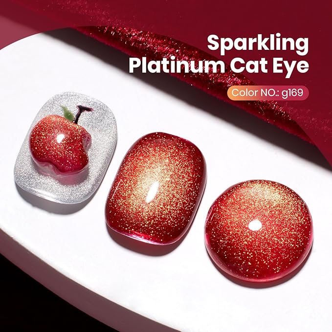 Beetles Red Cat Eye Gel Nail Polish - 15ML Cherry Red Glass Magnetic Cat Eye Glitter Gel Polish with Gold Powder Soak Off UV Twilight Toast Collection Nail Art Design Manicure Gifts for Women