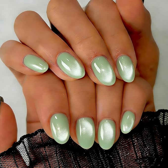 Cat Eye Press on Nails Short, Chrome Press on Nails Oval, Thick Glazed Pastel Green Fake Nails Press ons for Women, Reusable Magnet Bling Glitter Glue On Nails Almond in 15 Sizes, Matcha 30 Pcs