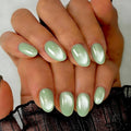 Cat Eye Press on Nails Short, Chrome Press on Nails Oval, Thick Glazed Pastel Green Fake Nails Press ons for Women, Reusable Magnet Bling Glitter Glue On Nails Almond in 15 Sizes, Matcha 30 Pcs