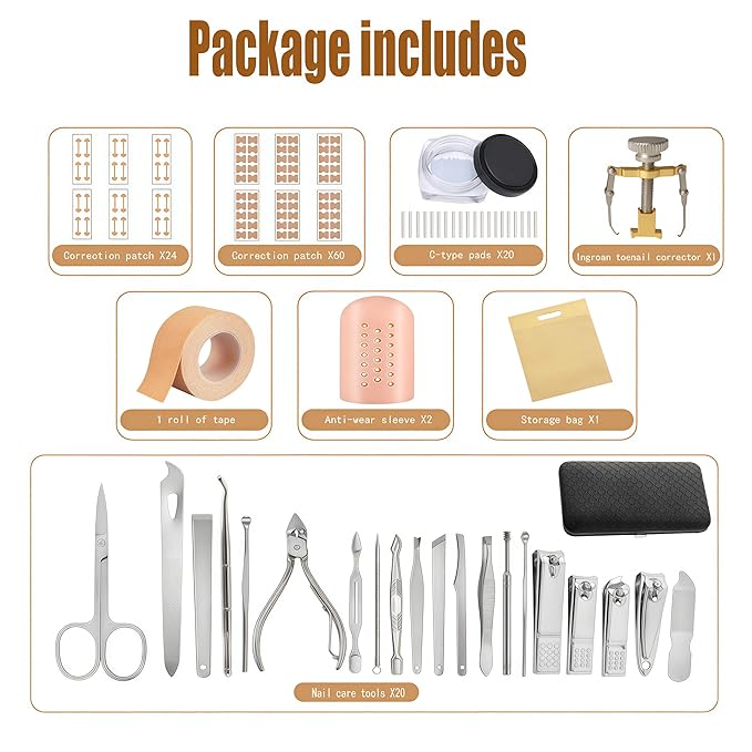 Professional ingrown toenail correction kit with travel storage box, pedicure tools, ingrown toenail patches, nail clippers, and nail file for convenient at-home foot care.