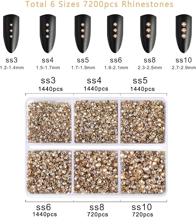 Beadsland 7200pcs Flatback Rhinestones,Gold Rhinestone Nail Gems Round Crystal Rhinestones for Crafts,Mixed 6 Sizes with Wax Pencil Kit, SS3-SS10,Golden Shadow