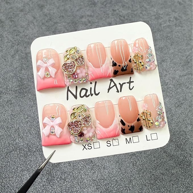 Medium Duck Press on Nails Handmade Fake Nails Brown Gradient Leopard Print Design Luxury Gems False Nails with Glue,Muti-Layer Gel Thick Press ons Nail Reusable Fall Nails for Women(Size S)