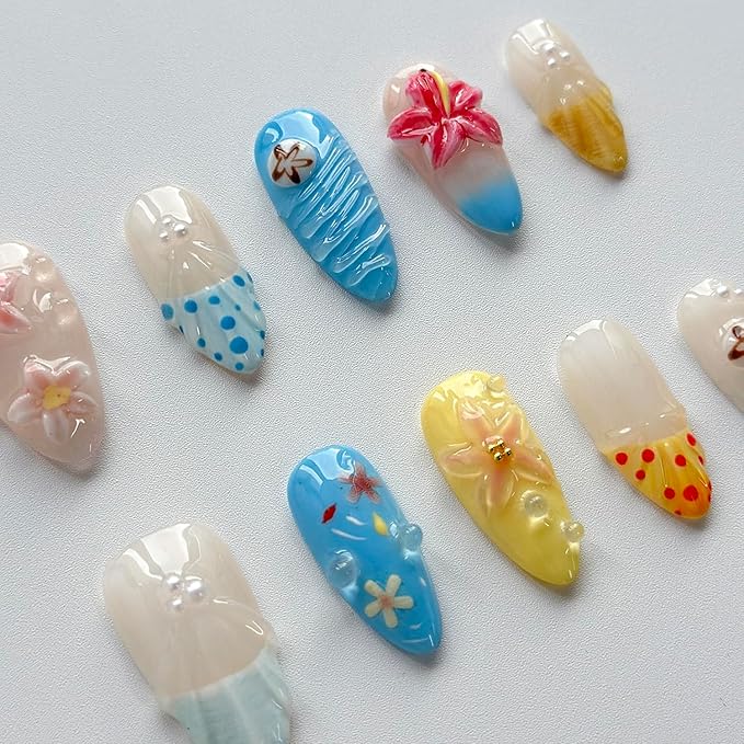 Luxury Press on Nails Medium Almond Handmade 3D Unique Reusable ABS Material Fake Nails French Tip False Nails with Designs Flower Pearls Water Drop Summer Glossy Glue on Nail Thick Acrylic Nail(S)