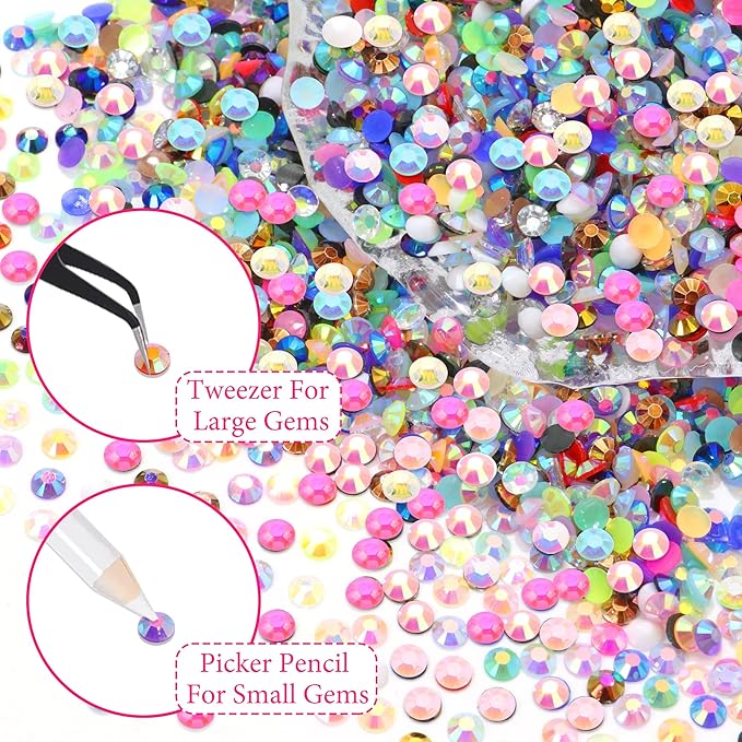RODAKY Resin Rhinestone for Bedazzling Colorful Flatback Crystals AB Color 3mm Gems Kit with 2PCS 10ml B7000 Glue Tweezer Diamond Making Kit for DIY Craft Clothing Shoes Nail Decor