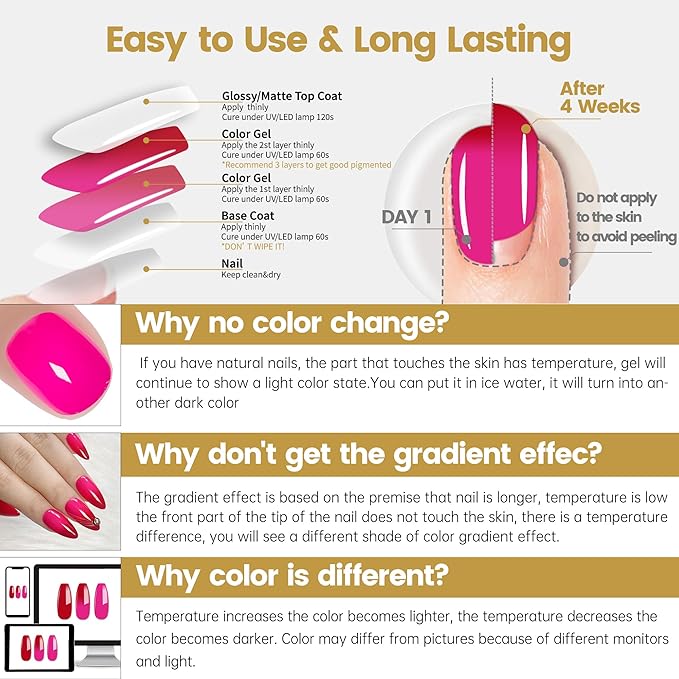 YTD Likomey Color Changing Gel Nail Polish,15ml Hot Pink To Red Mood Temperature Change Colors Ombre Thermal Salon Home Fall Winter Manicure UV Nail Varnish,WB11
