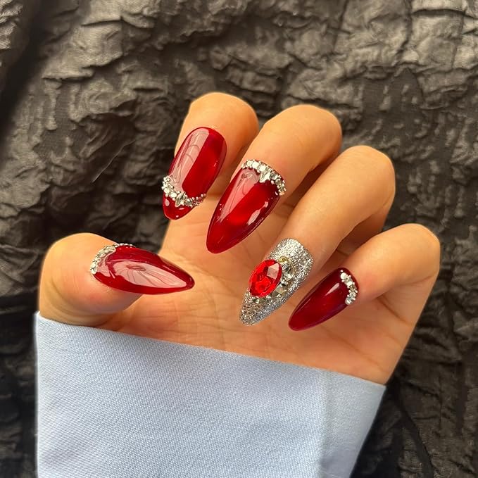 Handmade Press On Nails Medium Almond Shape,10Pcs Red Rhine stone Acrylic Fake Nails,Glue On Nail with 3D Charms for Woman Daily Wear&Wedding（Design Concept:Forever Love）