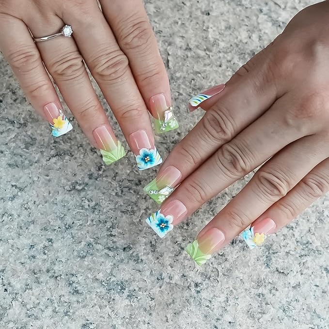10Pcs Handmade Press on Nails Short Duck Nails Press ons Green French Tip with 3D Floral Rhinestone Design Stick on Nails for Women Nails Art (Whisper in Blush & Mints,M)
