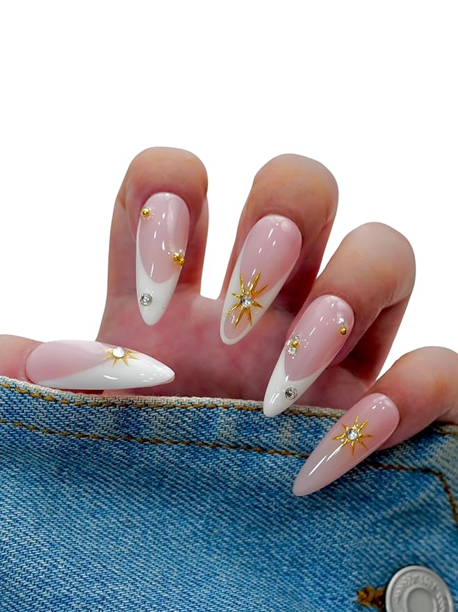Euphrosyne Long Almond Ombre Press On Nails – 10pcs Pink & White Fake Nails with Sunburst Gold Charms and Rhinestones | Romantic Stick-On Nails for Women, Wedding or Party Look