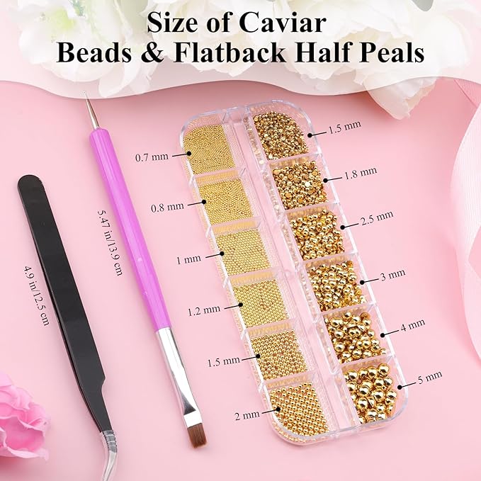 Gold Nail Charms Caviar Beads for Nails, 1.5-5mm Half Round Flatback Nail Pearls 0.7-2mm Gold Beads with Pickup Tools for Nails Face Eyes Makeup (32-K1-5)