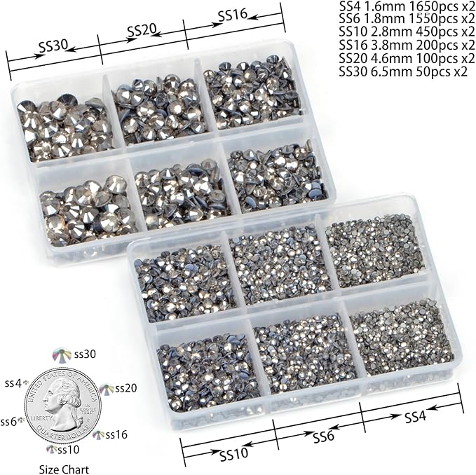8000pcs Hotfix Rhinestones Flatback,Rhinestones for Crafts Clothes Mixed 6 Sizes, Hotfix Crystals with Wax Pencil Kit, SS4-SS30,Black Diamond