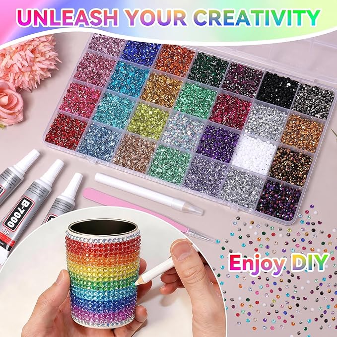 32000Pcs Color Rhinestones Bedazzling Kit, 3mm Flatback Pink Purple Blue White Colored Gems for Crafting, Bedazzling Kit for Crafts Clothing Shoes Bottle Diamond Nail Art Face DIY