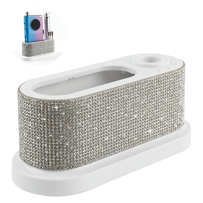 ANGNYA Nail Drill Machine Holder with White Rhinestones, 8 Holes Nail Drill Bit Holder, Nail Efile Stand and Organizer Storage Box Case