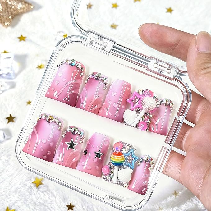 10 Pcs Handmade Acrylic Press on Nails Short Duck Fake Nails with Design 3D Rhinestone Curve Charms Glue on False Nails Artificial Full Cover Handmade Nails for Women - Size M