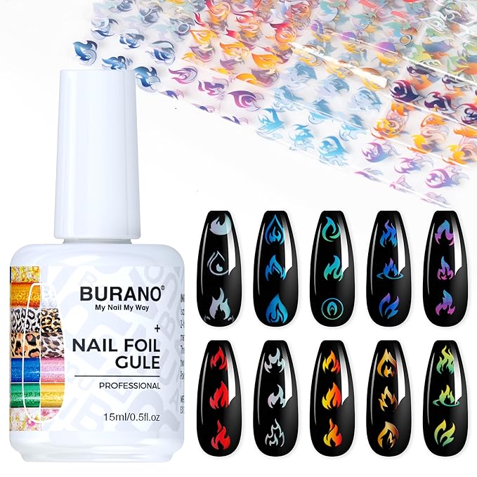 BURANO Nail Art Nail Foil Glue Gel, o.5 oz with 10PCS Foil Stickers Set Nail Foil Glue for Nails Foil Transfer Gel, Nail Design DIY UV LED Lamp Required (Fire 21)