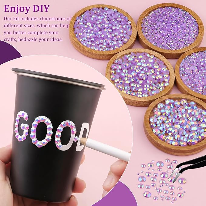 Resin Jelly Rhinestones for Crafting with B7000 Jewelry Glue, 2 Boxes Light Purple AB Flatback Crystals with 2Pcs 10ml Glue, Bedazzling Non Hotfix Gems for DIY Tumblers Clothing Shoes Manicure