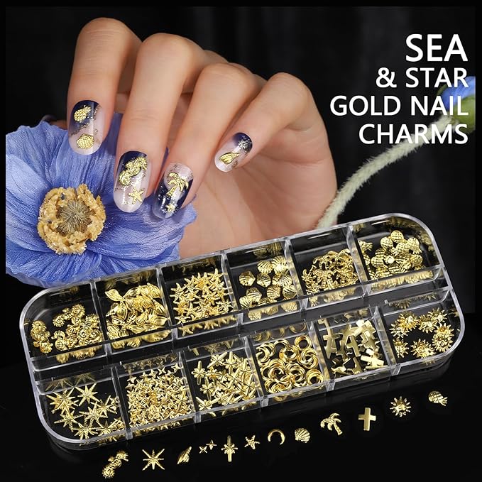 Teentior Nail Charms Gold Rhinestones for Nails with 15 Sheets Gold Nail Stickers, 6 Boxes Nail Gems Pearls for Nails, Cross Nail Charms for Nails Design Nail Art Rhinestones, Caviar Beads for Nails