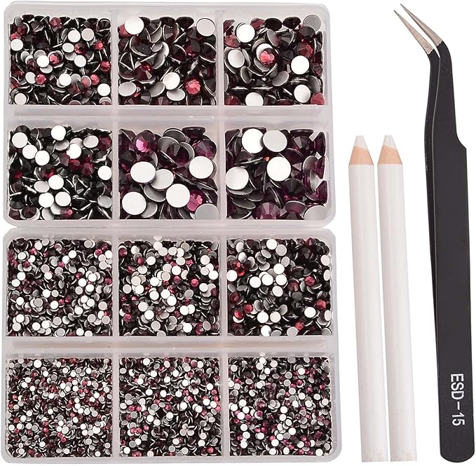 NCB 8000pcs Non Hotfix Rhinestones 10 Sizes Flatback Crystal Glass Rhinestones with Tweezers and Picking Pen for Nail Art Clothes Bags Phone Decorations Crafts DIY (016 Amethyst Mix SS3-SS30)