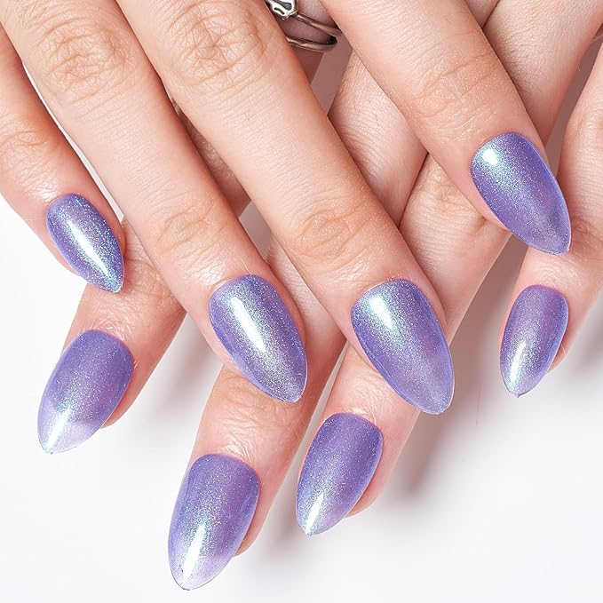 GLAMERMAID Blue Press On Nails Short Almond, Purple Galaxy Shrimmer Handmade Soft Jelly Gel Fake Nails, Glitter Polarized Round Oval Stick Glue on Nails Kit for Women, Reusable Acrylic False Nail Set