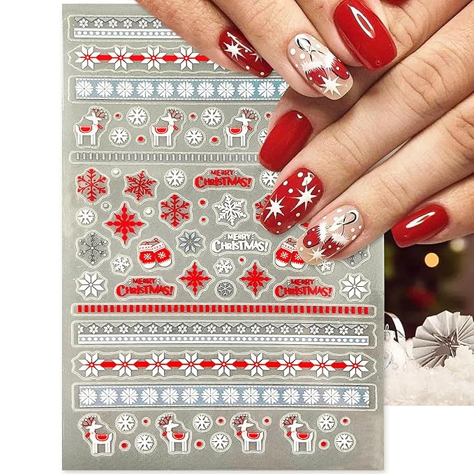 Christmas Nail Art Stickers, Self-Adhesive Red Santa Hat Snowflake Elk Xmas Tree Design for Holiday Nail Decals, Pegatinas Uñas Navidad DIY Decorations (4 Sheets)