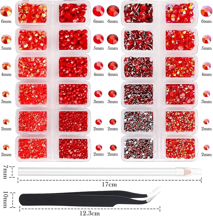 15000PCs 2-6MM Red Series Resin Flat Back Rhinestones, Round Non Hotfix Jelly & Silver Bottom Resin Rhinestones Nail Gems Stones with Tweezer & Picker Pen for Nail Art Tumblers & DIY Crafts