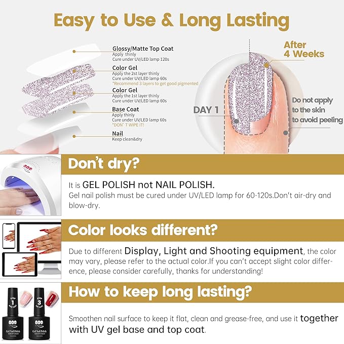 YTD Likomey Reflective Glitter Gel Nail Polish with Base Coat and Top Coat Set,Fall Winter Falsh 6 Colors Shimmer Black Silver Pink Blue Red Gold Diamond Sparkle UV Color Varnish Kit,8 Pcs 7.5 ml