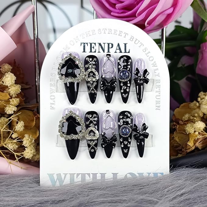 Glam Punk Press on Nails Stiletto Almond Long,3D Heart Rhinestones&Metal Chains Designs,Black Glitter Purple Chrome Nails with Full Cover Micro Gems,Y2K Edgy Girly Streetwear Nails,10pcs XS